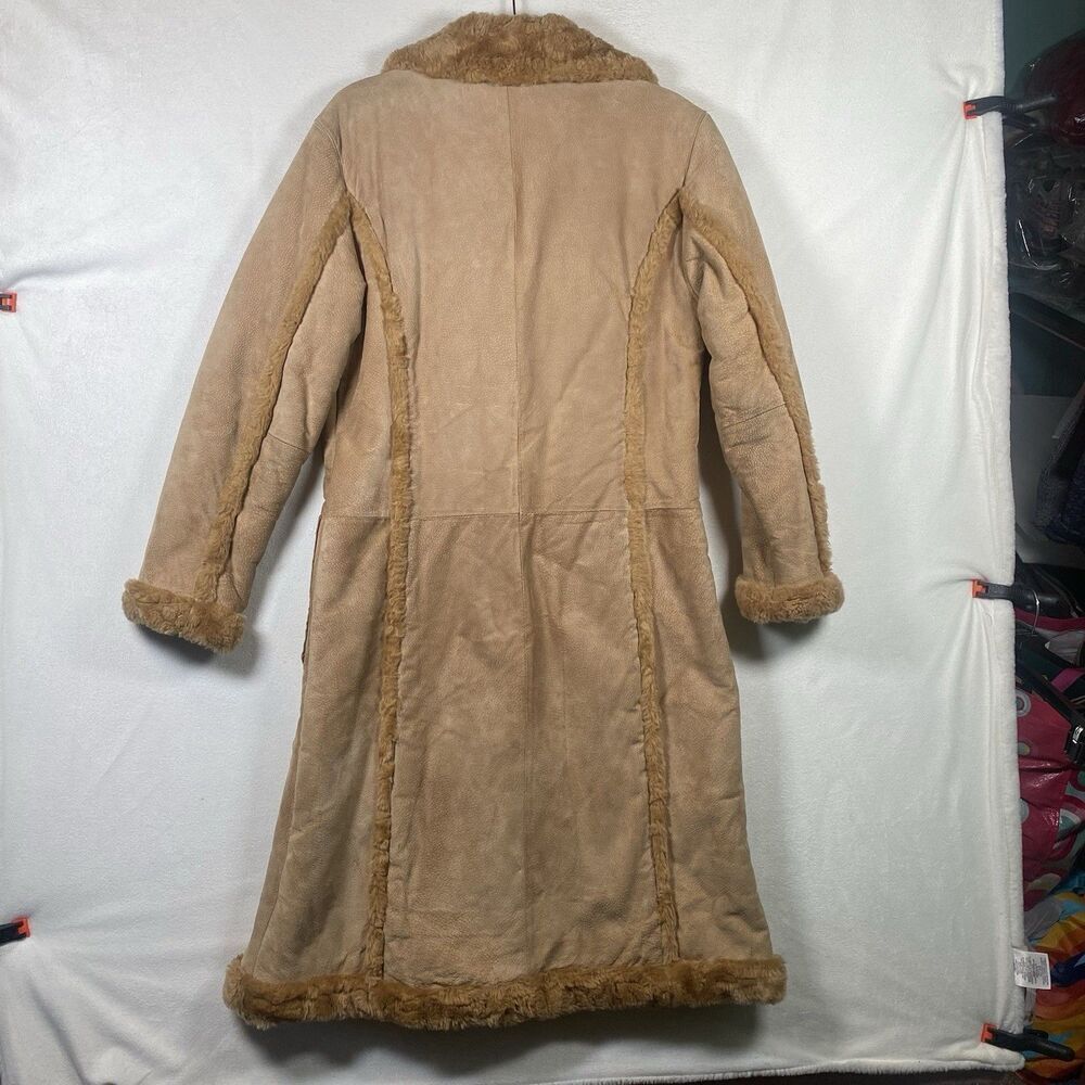 Vintage Nicole Miller Suede Leather Faux Shearling Long Coat Tan Y2K Women’s M - Picture 2 of 14